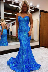 Dreamyannie Blue Prom Dress Mermaid Sweetheart Lace-Up Back Evening Dress