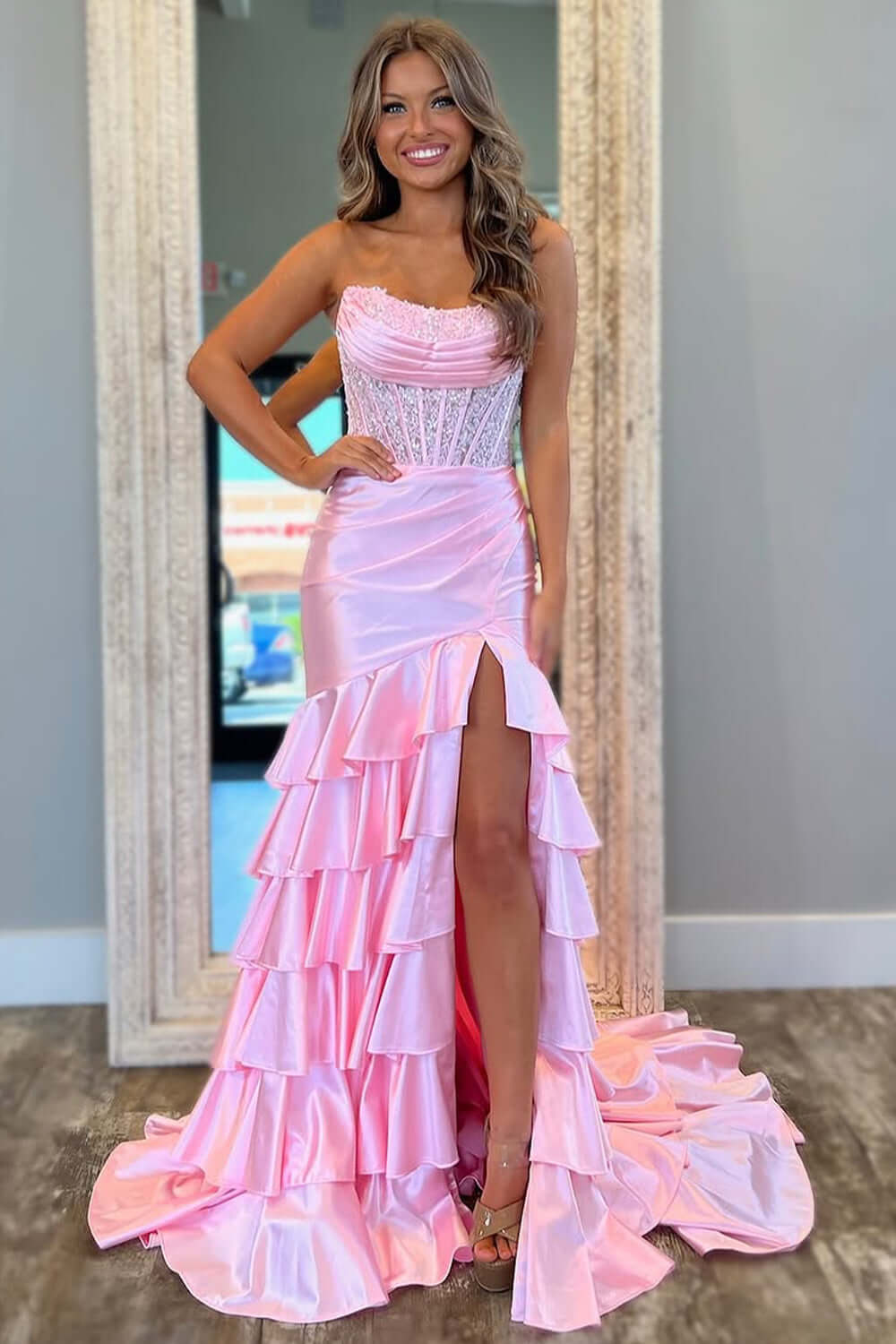Dreamyannie Blue Prom Dress Ruffled Mermaid Long Lace Satin Formal Dress With Slit