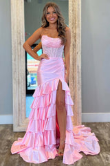 Dreamyannie Blue Prom Dress Ruffled Mermaid Long Lace Satin Formal Dress With Slit