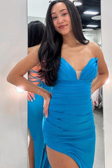 Dreamyannie Blue Prom Dress Satin Mermaid Lace-Up Back Long Evening Dress With Slit