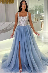 Dreamyannie Blue Prom Dress Spaghetti Strap Square Beaded Panel Train Tulle Formal Dress