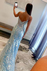 Dreamyannie Blue Prom Dress Spaghetti Straps Corset Mermaid Tulle Evening Dress