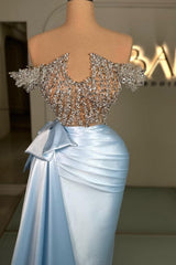 Dreamyannie Blue Prom Dress Strapless Beaded Off The Shoulder Column Satin Panel Train Formal Dress