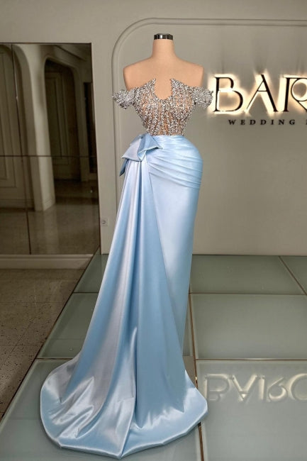 Dreamyannie Blue Prom Dress Strapless Beaded Off The Shoulder Column Satin Panel Train Formal Dress