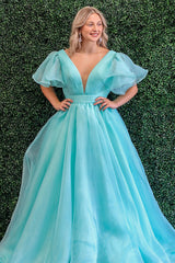 Dreamyannie Blue Prom Dress V-Neck A Line Ruched Evening Dress With Puff Sleeves
