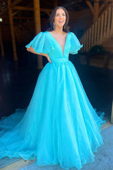 Dreamyannie Blue Prom Dress V-Neck A Line Ruched Evening Dress With Puff Sleeves
