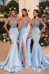 Dreamyannie Blue Prom Dress V Neck Lace Beading Mermaid Formal Dress With Sleeves