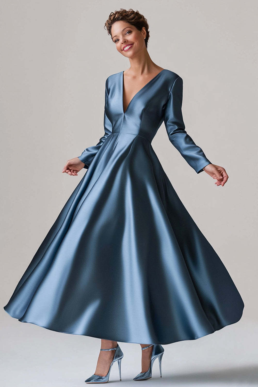 Dreamyannie Blue Wedding Guest Dress A-Line V Neck Satin Long Formal Dress With Long Sleeves