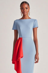 Dreamyannie Blue Wedding Guest Dress Sheath Satin Tea Length Formal Dress With Short Sleeves