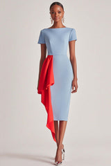 Dreamyannie Blue Wedding Guest Dress Sheath Satin Tea Length Formal Dress With Short Sleeves