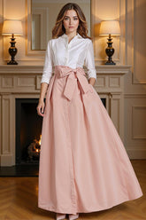 Dreamyannie Blush Pink Lapel A Line Ankle Length Mother Of The Bride Dress With Bow