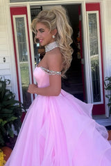 Dreamyannie Blush Pink Off-The-Shoulder Ball Gown With Crystal Embellishments Formal Evening Gown