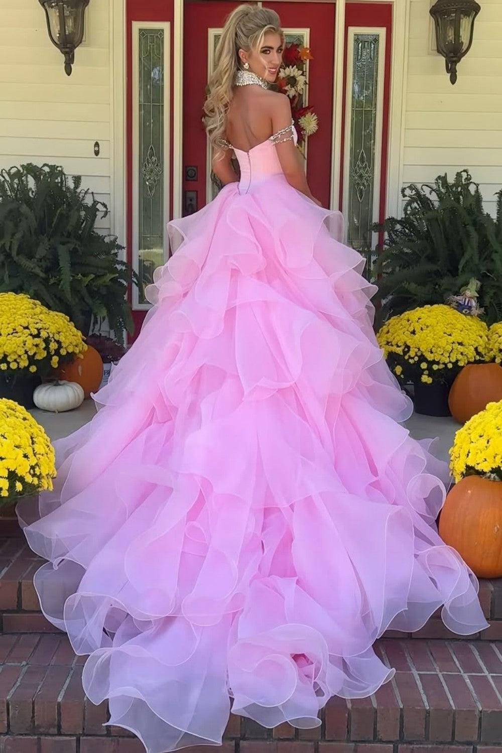 Dreamyannie Blush Pink Off-The-Shoulder Ball Gown With Crystal Embellishments Formal Evening Gown