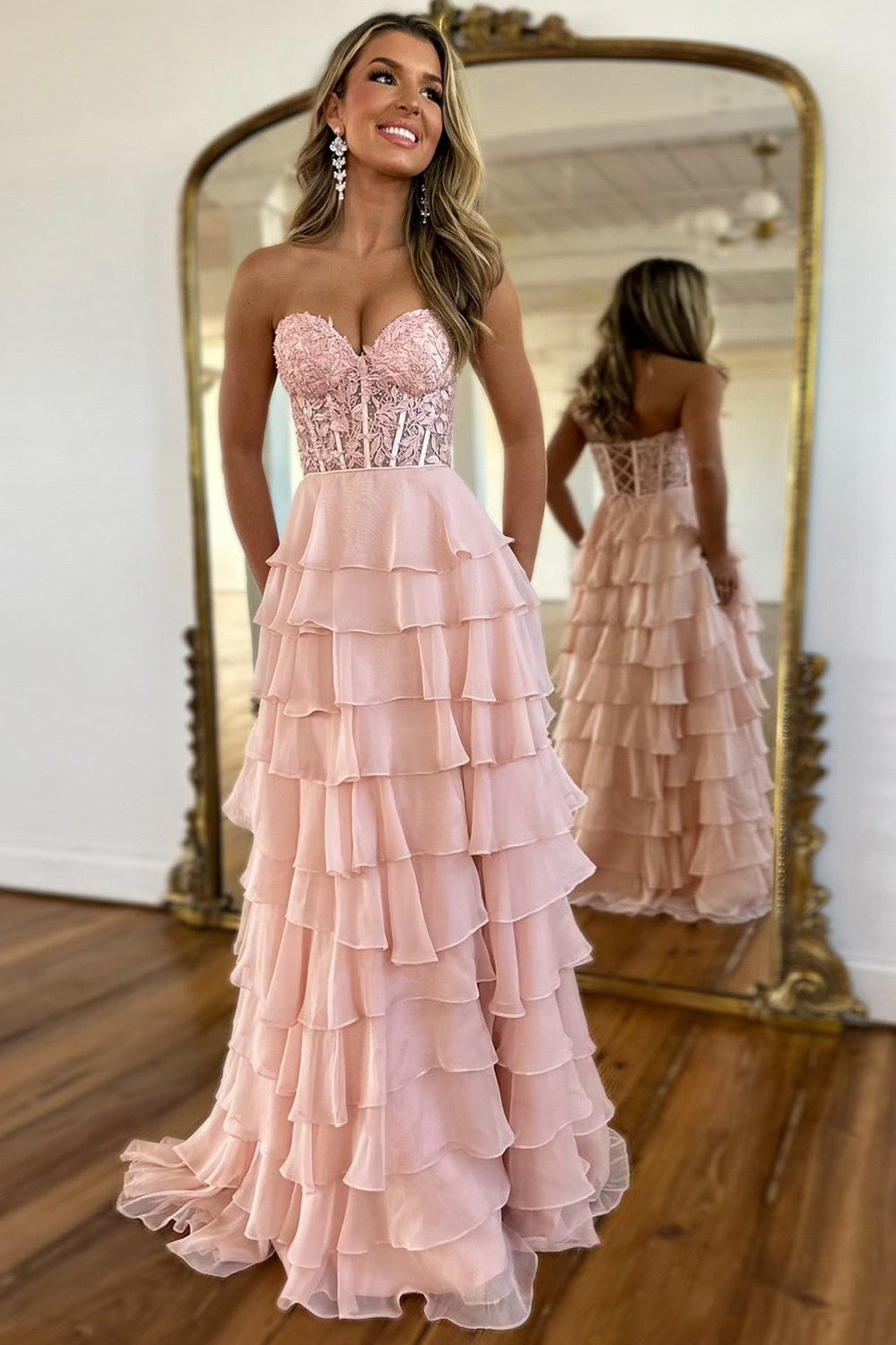 Dreamyannie Blush Pink Prom Dress A-Line Tiered Chiffon Long Formal Dress With Lace