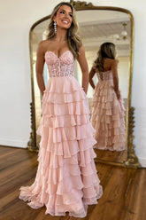 Dreamyannie Blush Pink Prom Dress A-Line Tiered Chiffon Long Formal Dress With Lace