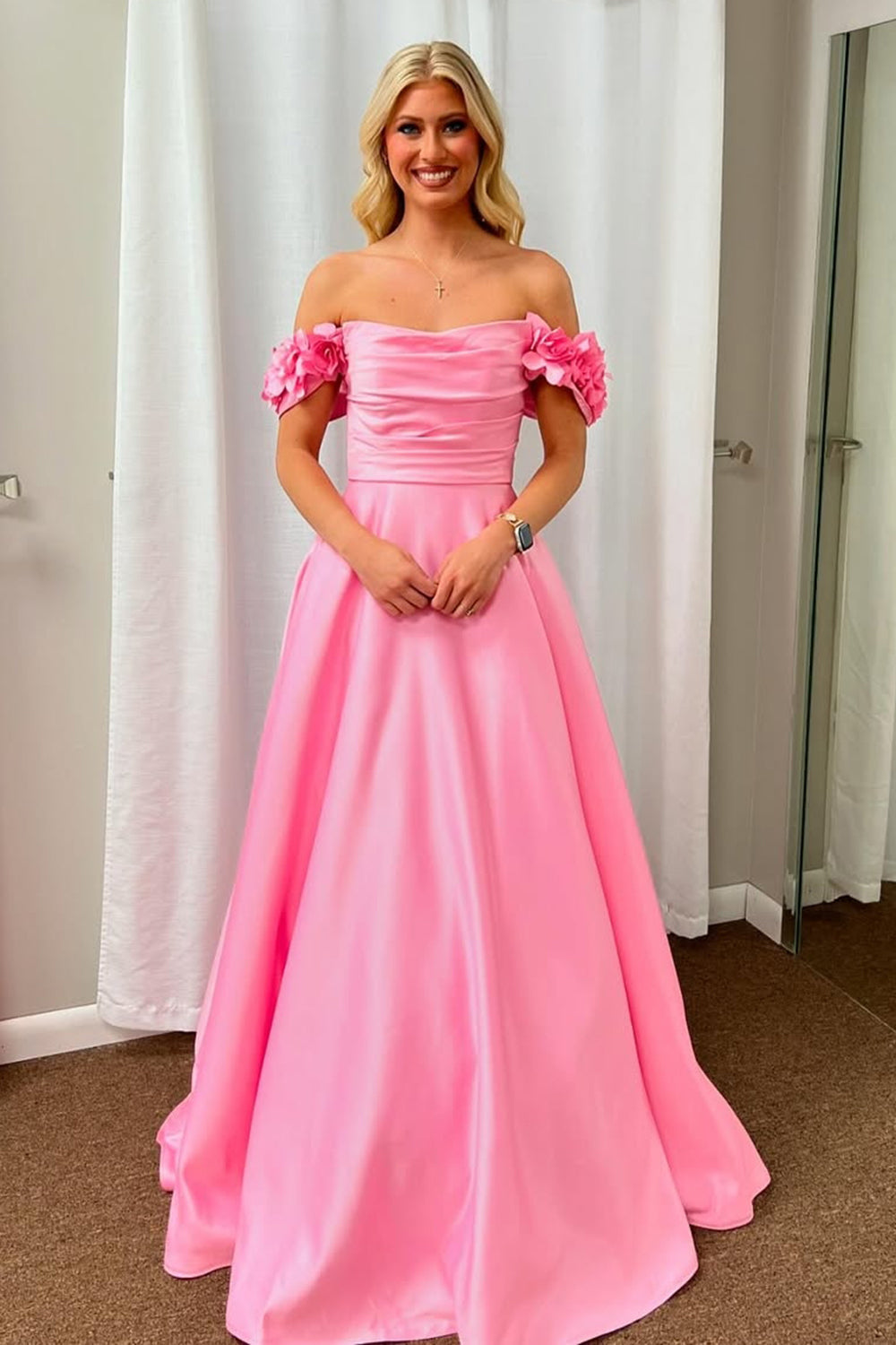 Dreamyannie Blush Prom Dress Off The Shoulder A Line Satin Evening Dress