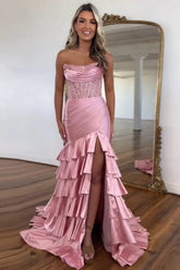 Dreamyannie Blush Prom Dress Tiered Mermaid Long Evening Dress With Slit