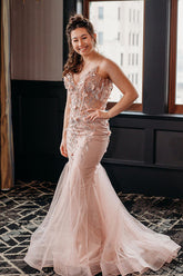 Dreamyannie Blush Prom Dress V-Neck Mermaid Tulle Evening Dress