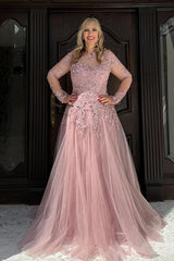 Dreamyannie Blush Tulle Floral A Line Long Mother Of The Bride Dress With Beading