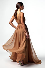 Dreamyannie Brown A Line Deep V-Neck Long Chiffon Gala Dress