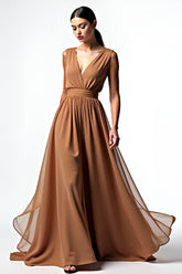 Dreamyannie Brown A Line Deep V-Neck Long Chiffon Gala Dress
