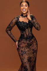 Dreamyannie Brown Mermaid Crew Black Prom Dress Lace Beaded Sleeve Court Train Formal Dress