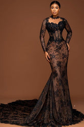 Dreamyannie Brown Mermaid Crew Black Prom Dress Lace Beaded Sleeve Court Train Formal Dress