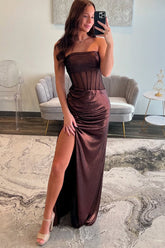Dreamyannie Brown Prom Dress Sheath Corset Sweetheart Formal Dress With Slit