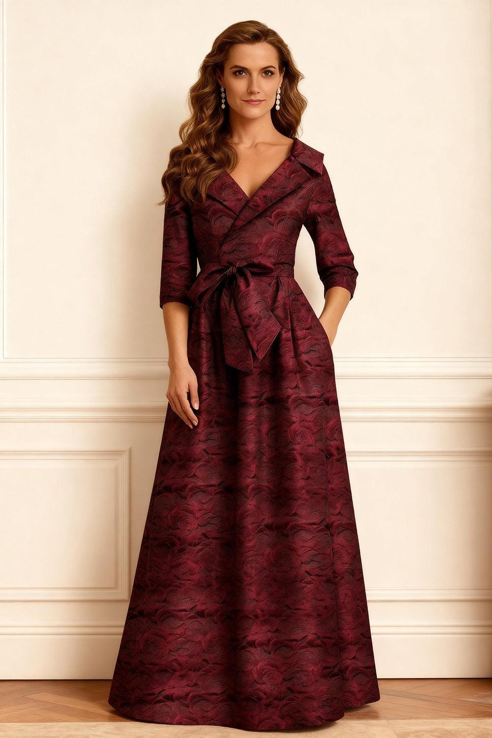 Dreamyannie Burgundy Jacquard A Line Notched Lapel Long Mother Of The Bride Dress With Bow