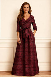 Dreamyannie Burgundy Jacquard A Line Notched Lapel Long Mother Of The Bride Dress With Bow