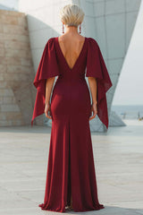 Dreamyannie Burgundy Mermaid Ruffled Long Mother Of The Bride Dress With Cape