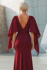 Dreamyannie Burgundy Mermaid Ruffled Long Mother Of The Bride Dress With Cape