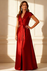 Dreamyannie Burgundy Satin Shawl Lapel A Line Floor Length Mother Of The Bride Blazer Dress With Sash