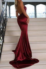 Dreamyannie Burgundy Satin Spaghetti Strap Mermaid Prom Dress With Open Back Formal Evening Gown