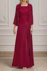Dreamyannie Burgundy Satin Square Neck Floor Length 2 Piece Mother Of The Bride Dress With Jacket