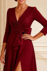 Dreamyannie Burgundy V Neck A Line Ruched Long Mother Of The Bride Dress With Slit