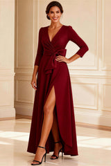 Dreamyannie Burgundy V Neck A Line Ruched Long Mother Of The Bride Dress With Slit