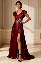 Dreamyannie Burgundy V Neck A Line Satin Long Mother Of The Bride Dress With Slit