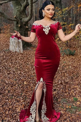 Dreamyannie Burgundy Velvet Christmas Party Dress Appliques Short Sleeve Formal Dress