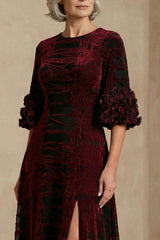 Dreamyannie Burgundy Velvet Floral Sheath Long Mother Of The Bride Dress With Slit