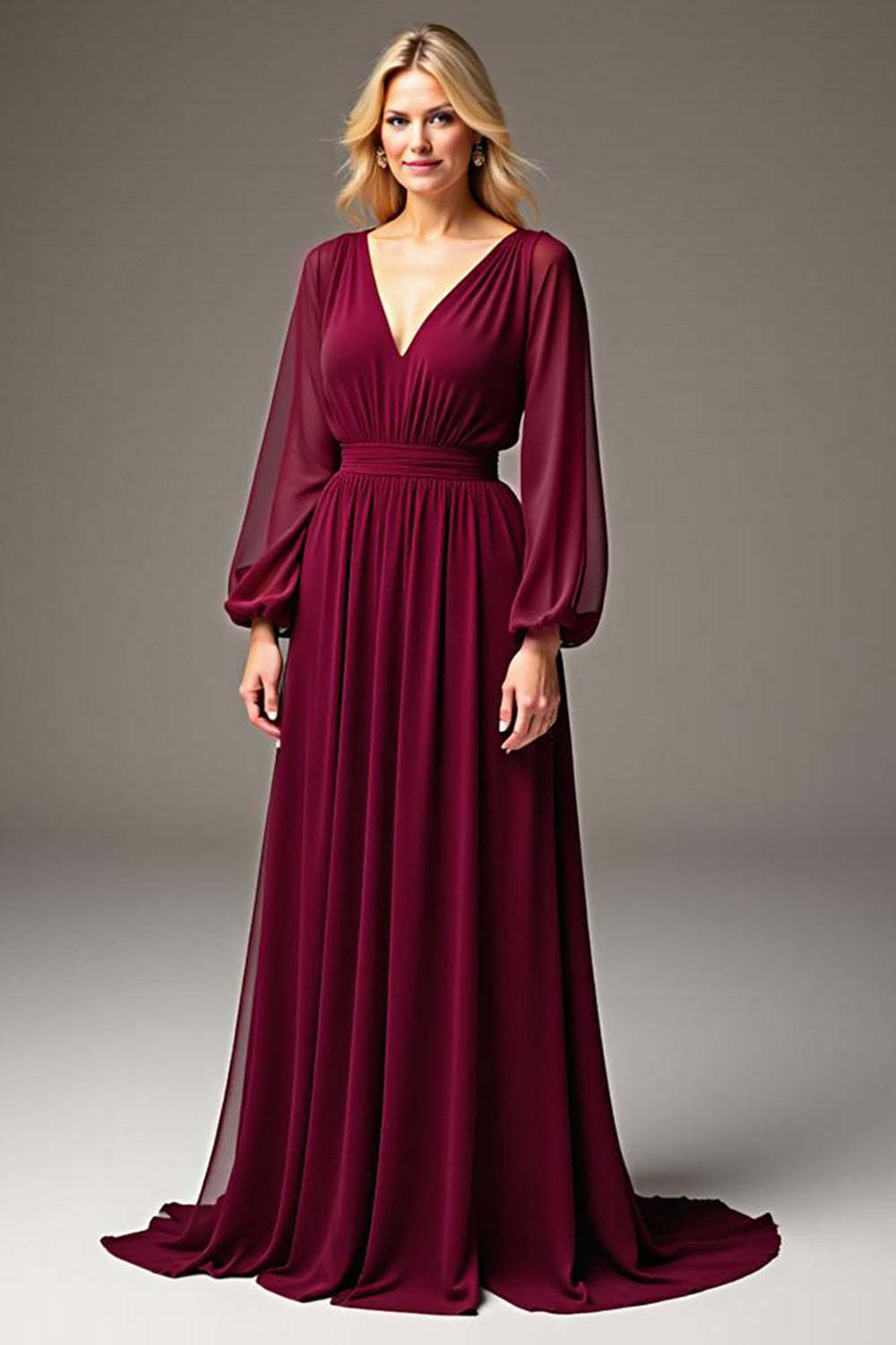 Dreamyannie Burgundy Wedding Guest Dress Chiffon V-Neck Ruched Long Formal Dress