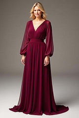 Dreamyannie Burgundy Wedding Guest Dress Chiffon V-Neck Ruched Long Formal Dress