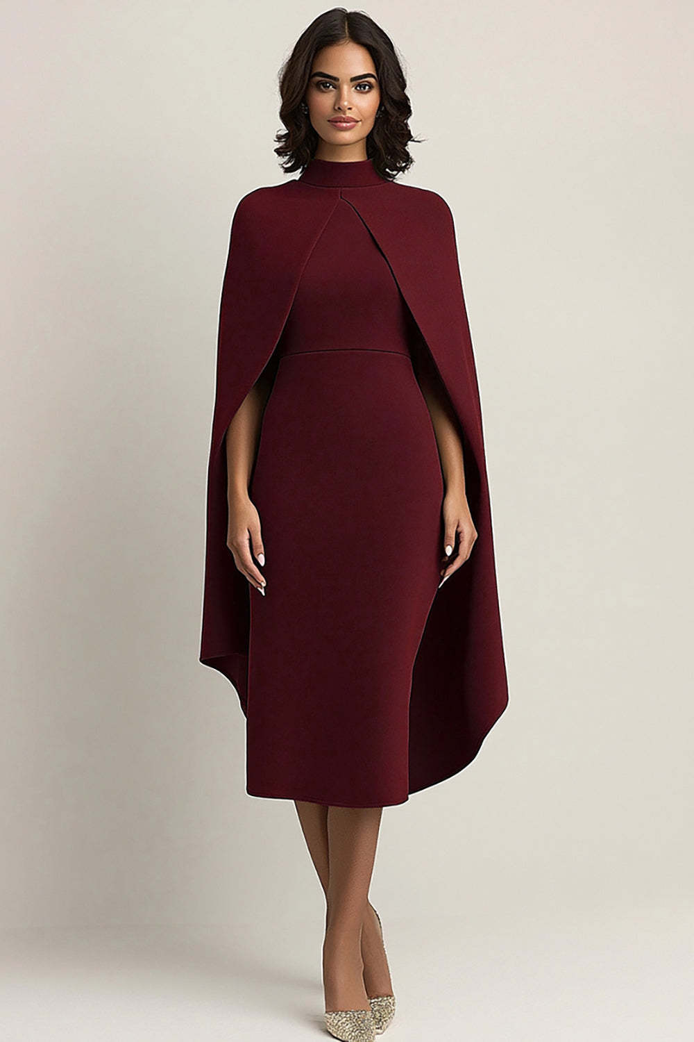 Dreamyannie UK Burgundy Wedding Guest Dress High Neck Sheath Formal Dress  With Shawl