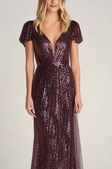 Dreamyannie Burgundy Wedding Guest Dress Long Sheath Ankle Neck Formal Dress With Cap Sleeves