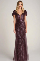 Dreamyannie Burgundy Wedding Guest Dress Long Sheath Ankle Neck Formal Dress With Cap Sleeves