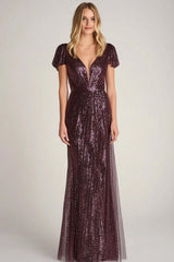 Dreamyannie Burgundy Wedding Guest Dress Long Sheath Ankle Neck Formal Dress With Cap Sleeves