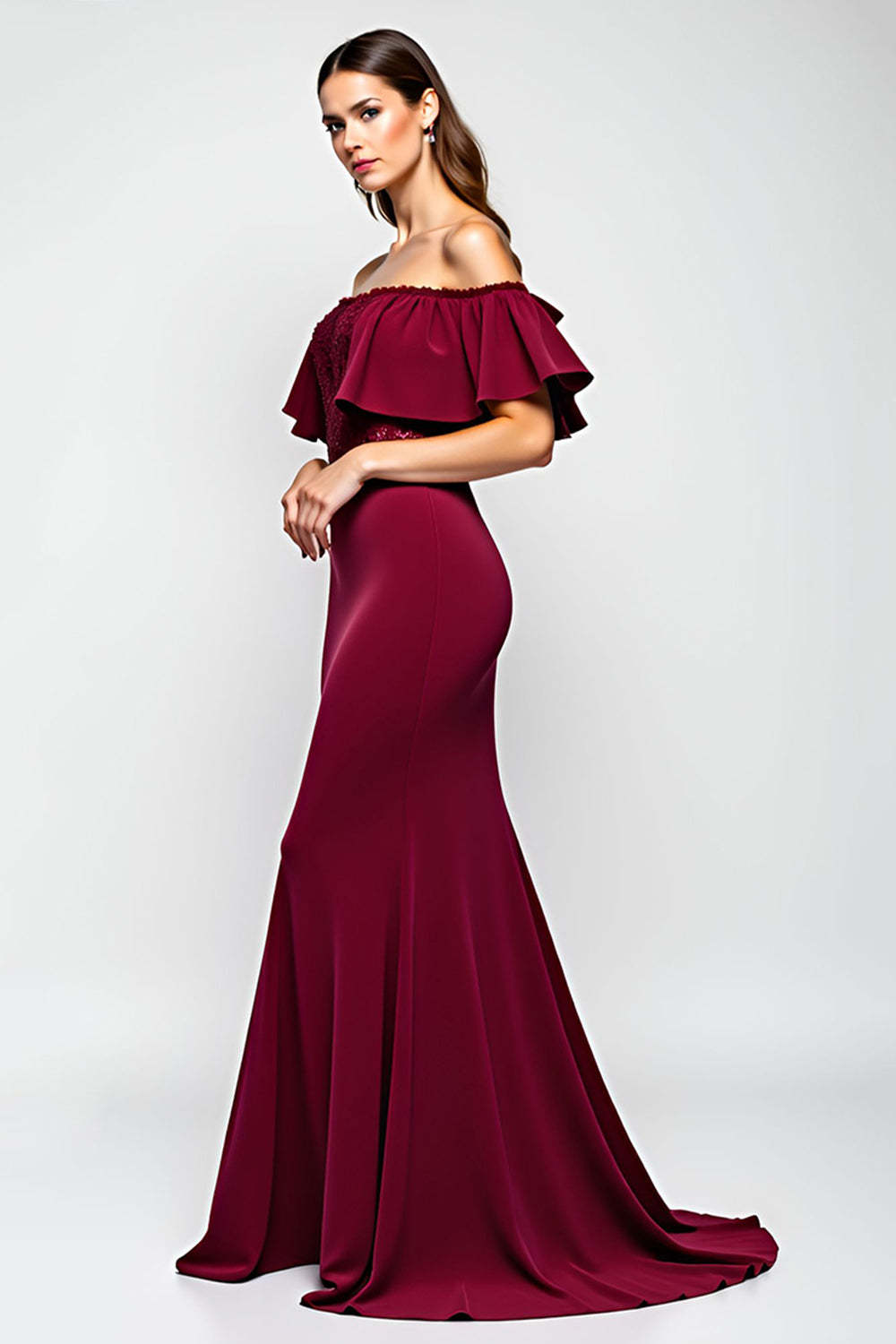 Dreamyannie Burgundy Wedding Guest Dress Mermaid Off The Shoulder Long Formal Dress With Ruffles