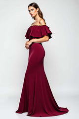 Dreamyannie Burgundy Wedding Guest Dress Mermaid Off The Shoulder Long Formal Dress With Ruffles