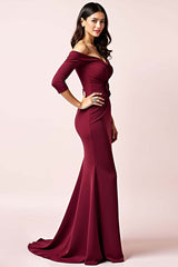 Dreamyannie Burgundy Wedding Guest Dress Off The Shoulder Long Sleeves Ruched Formal Dress