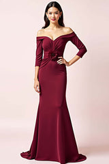 Dreamyannie Burgundy Wedding Guest Dress Off The Shoulder Long Sleeves Ruched Formal Dress